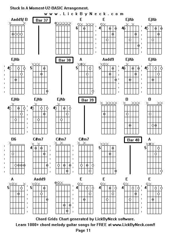 Chord Grids Chart of chord melody fingerstyle guitar song-Stuck In A Moment-U2-BASIC Arrangement,generated by LickByNeck software.